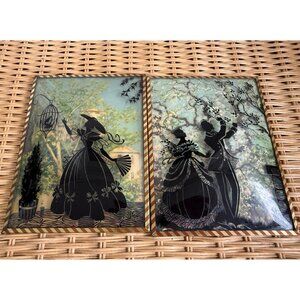 Vintage 40's Pair Reverse Painted Silhouette Pictures Convex Trees Convex Glass